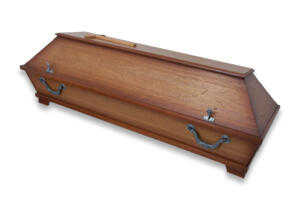 Kiefernsarg dunkel mit Palmenmotiv